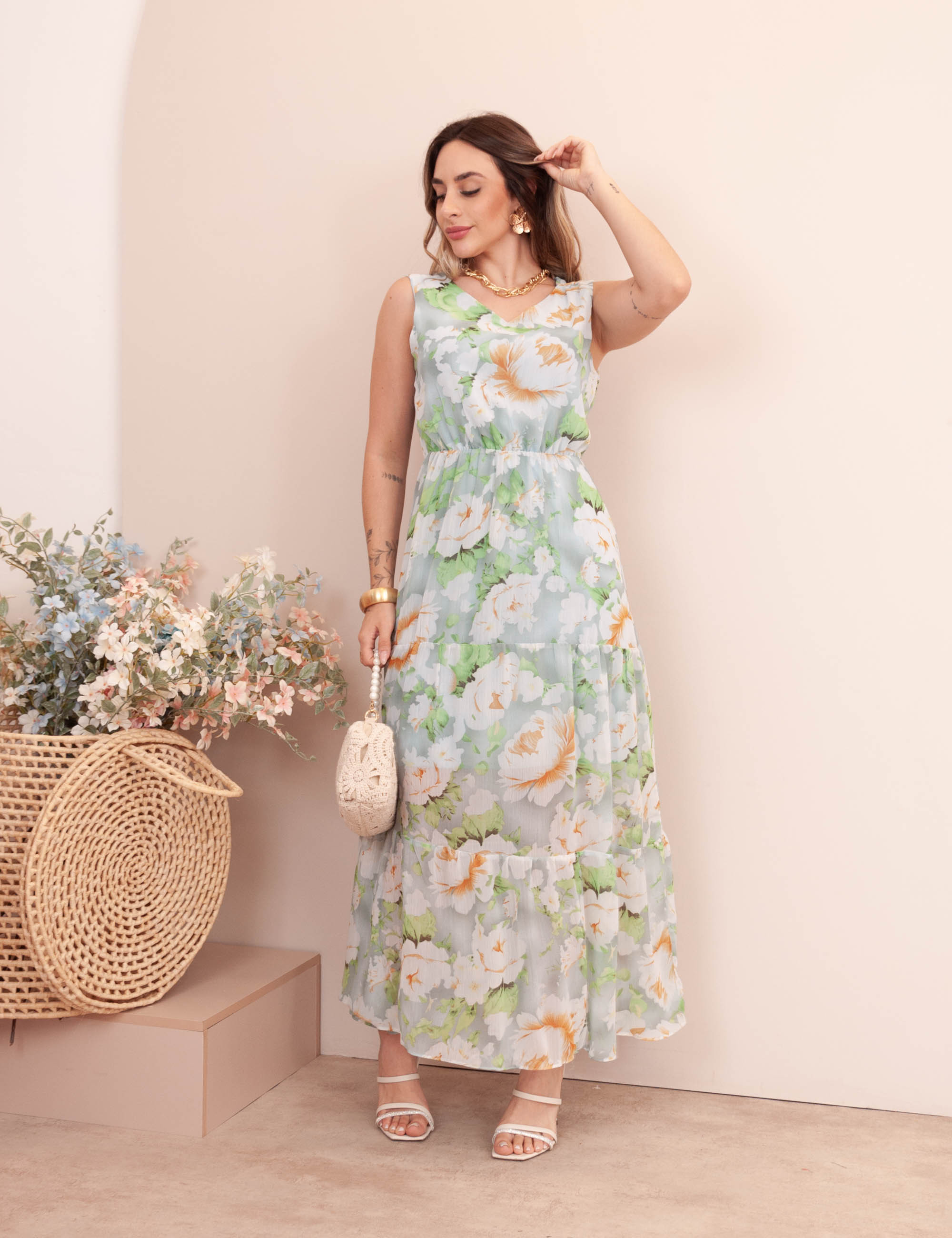 Vestido Serena Tule Floral Azul