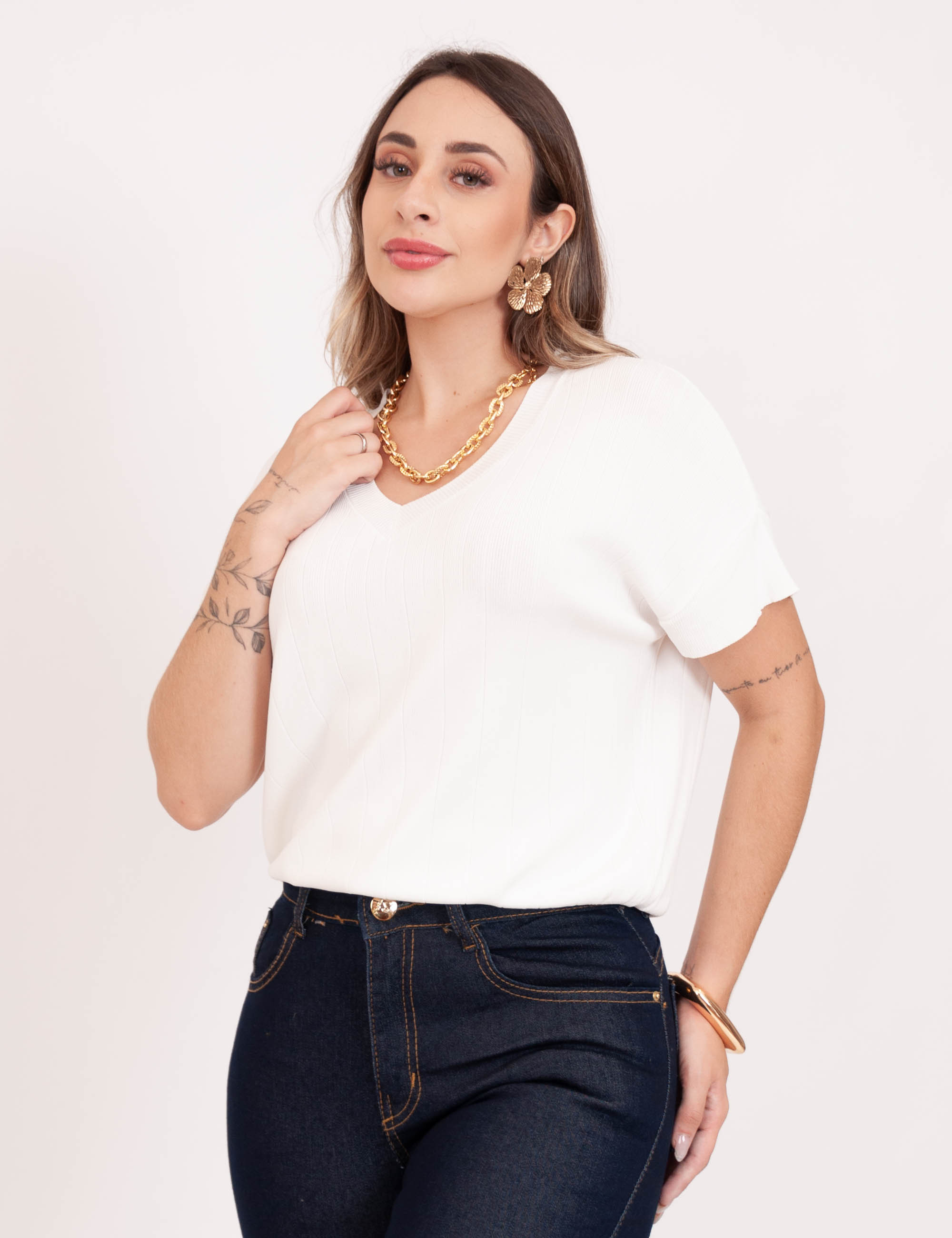 Tricot Canelado Decote V Off