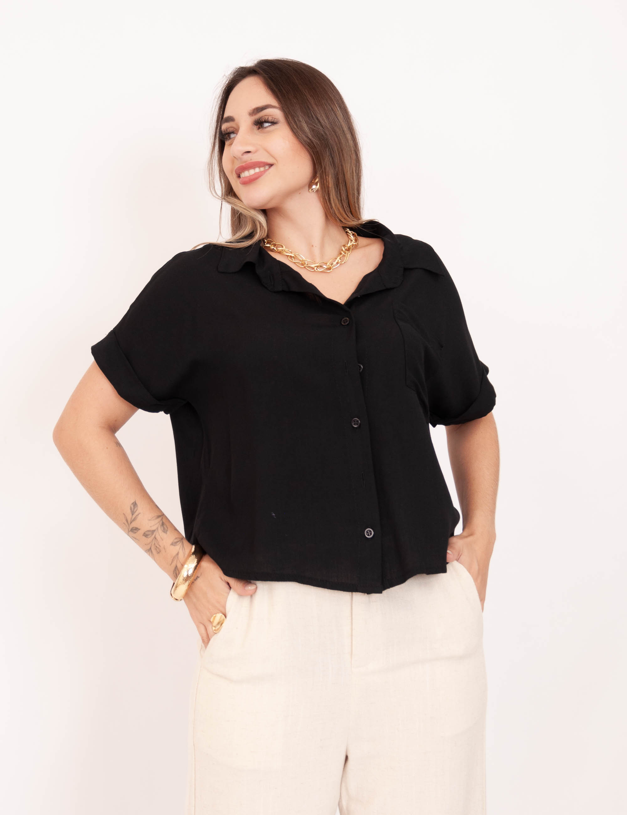 Camisa Cropped Visco  Preto