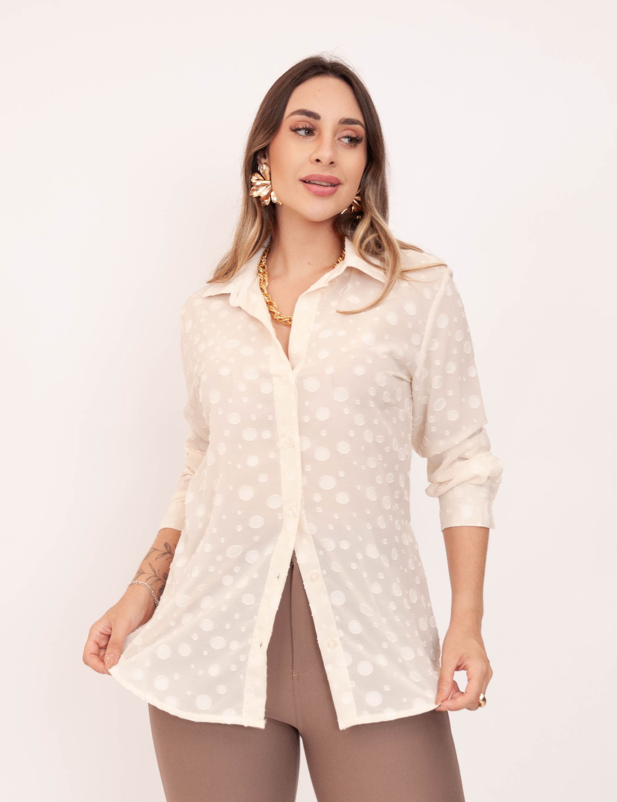 Camisa Voal Texturizada Creme