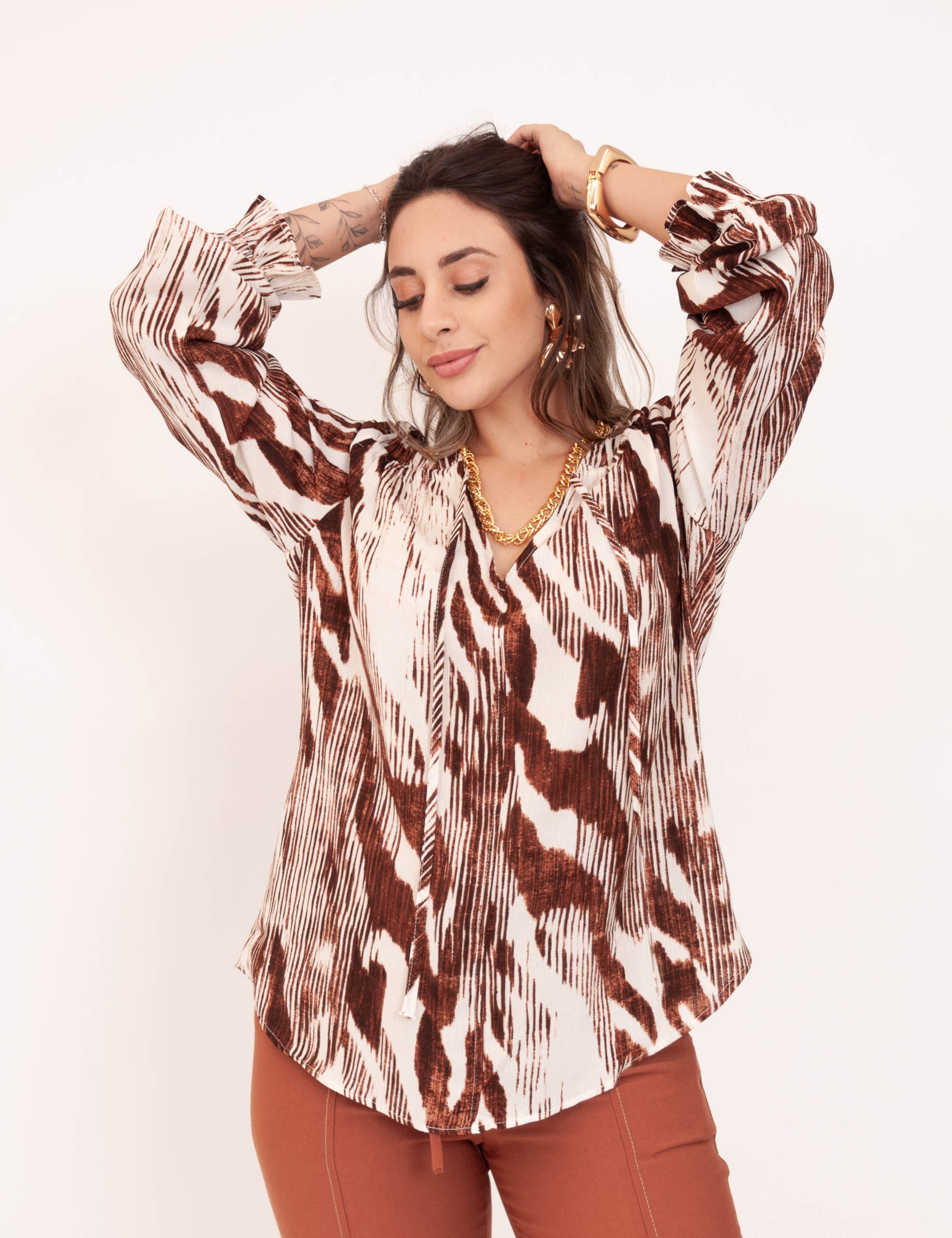 Blusa Crepe Estampada Marrom