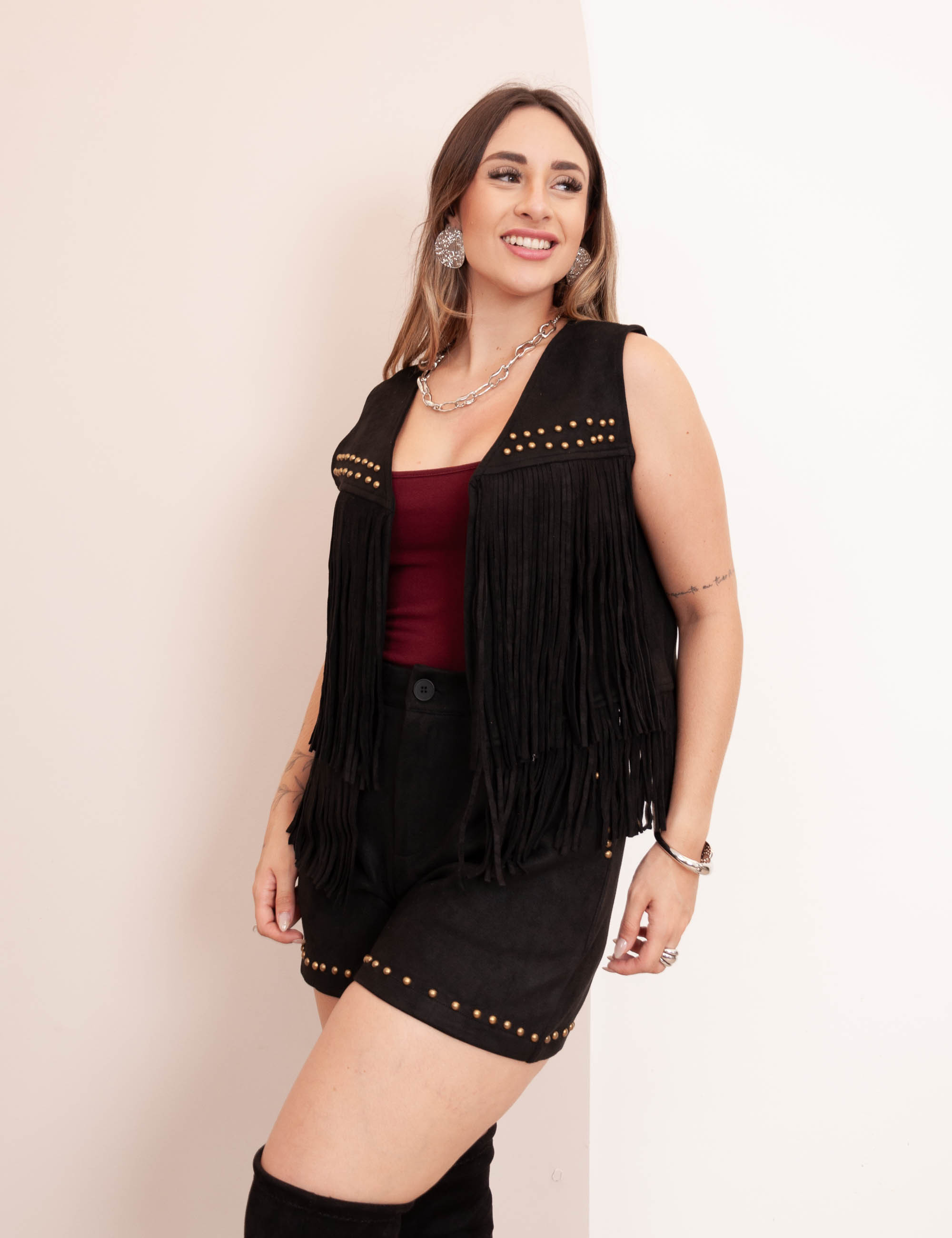 Colete Suede Franja Preto