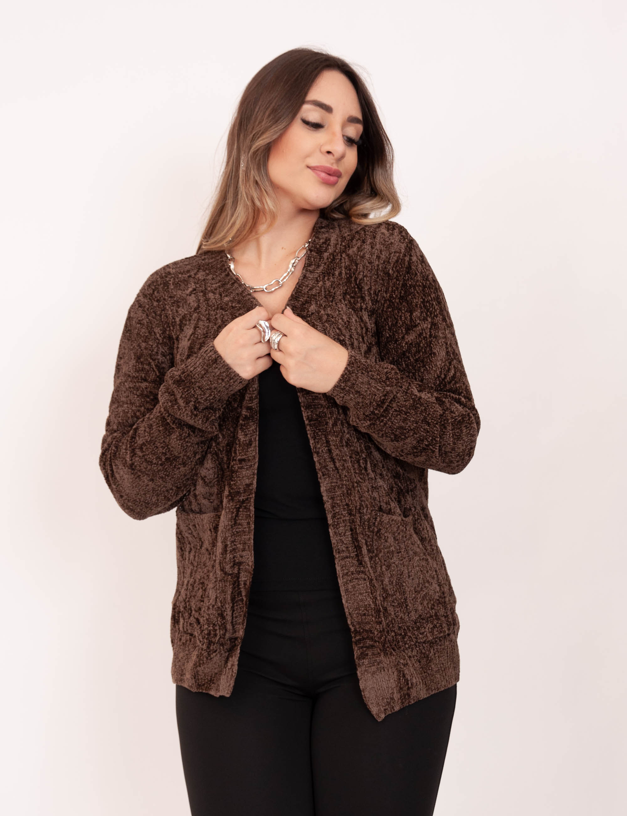 Cardigan Tricot Mousse Marrom
