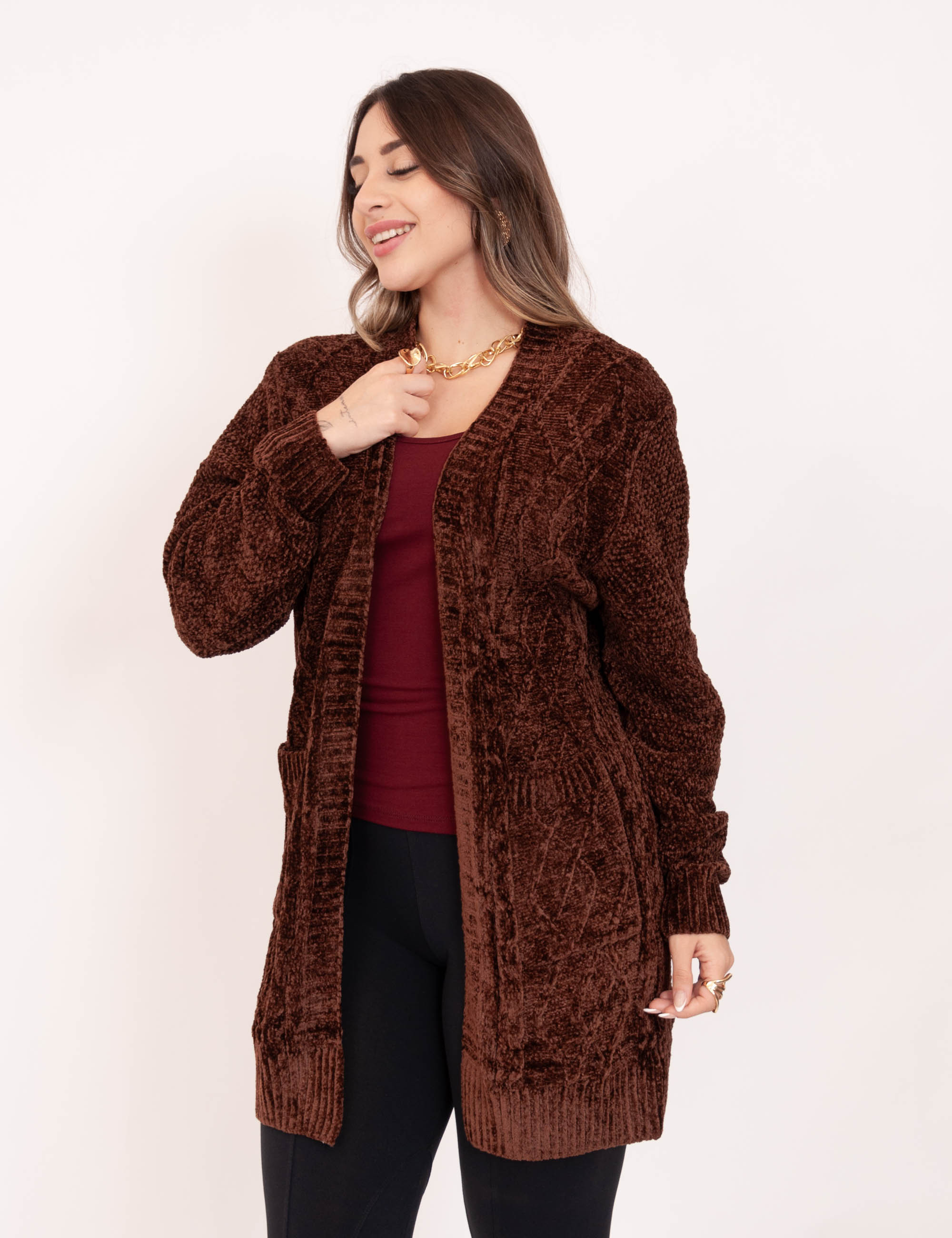 Cardigan Tricot Suede Marrom