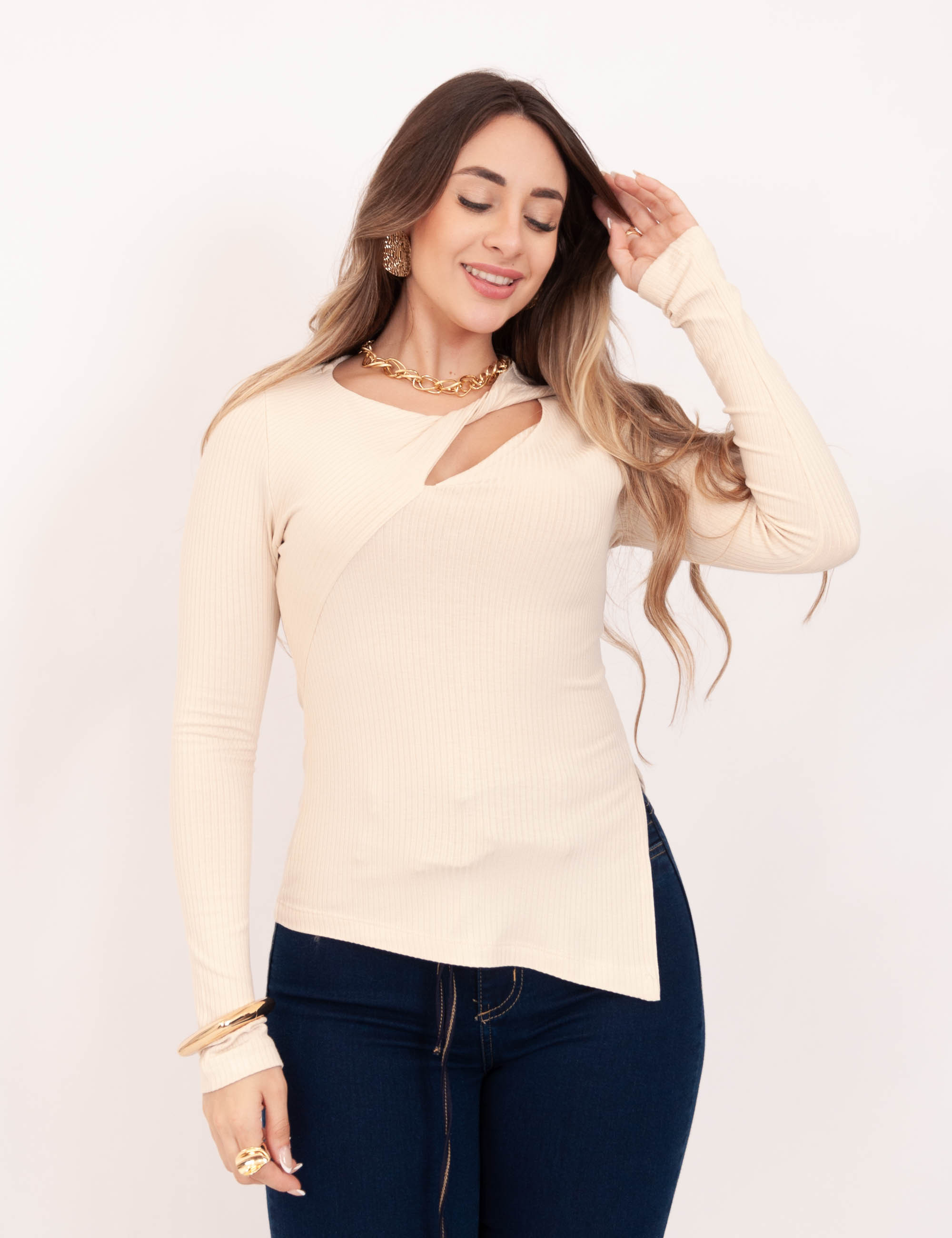 Blusa Canelada Recorte Bege