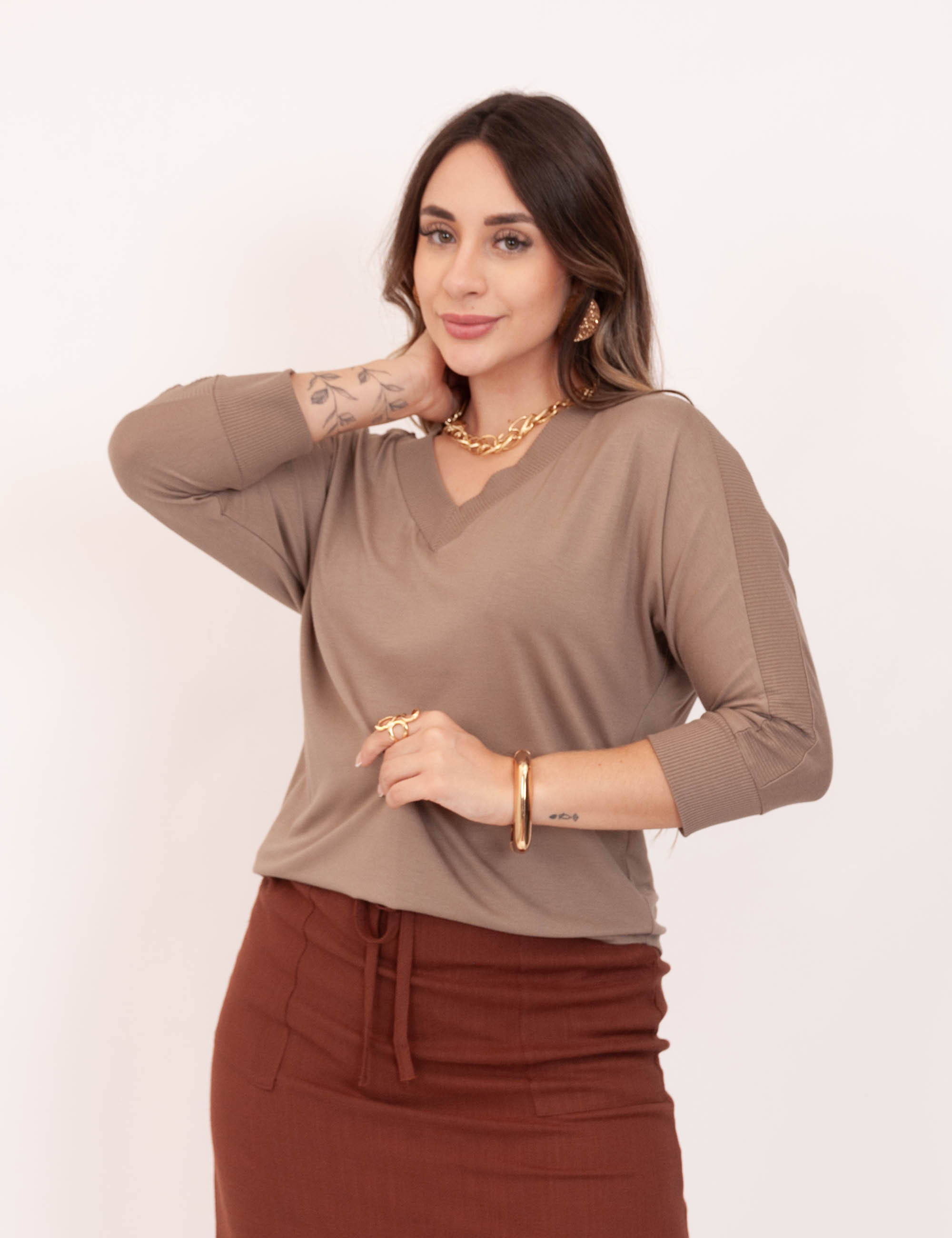 Blusa Malha 7/8 Caqui