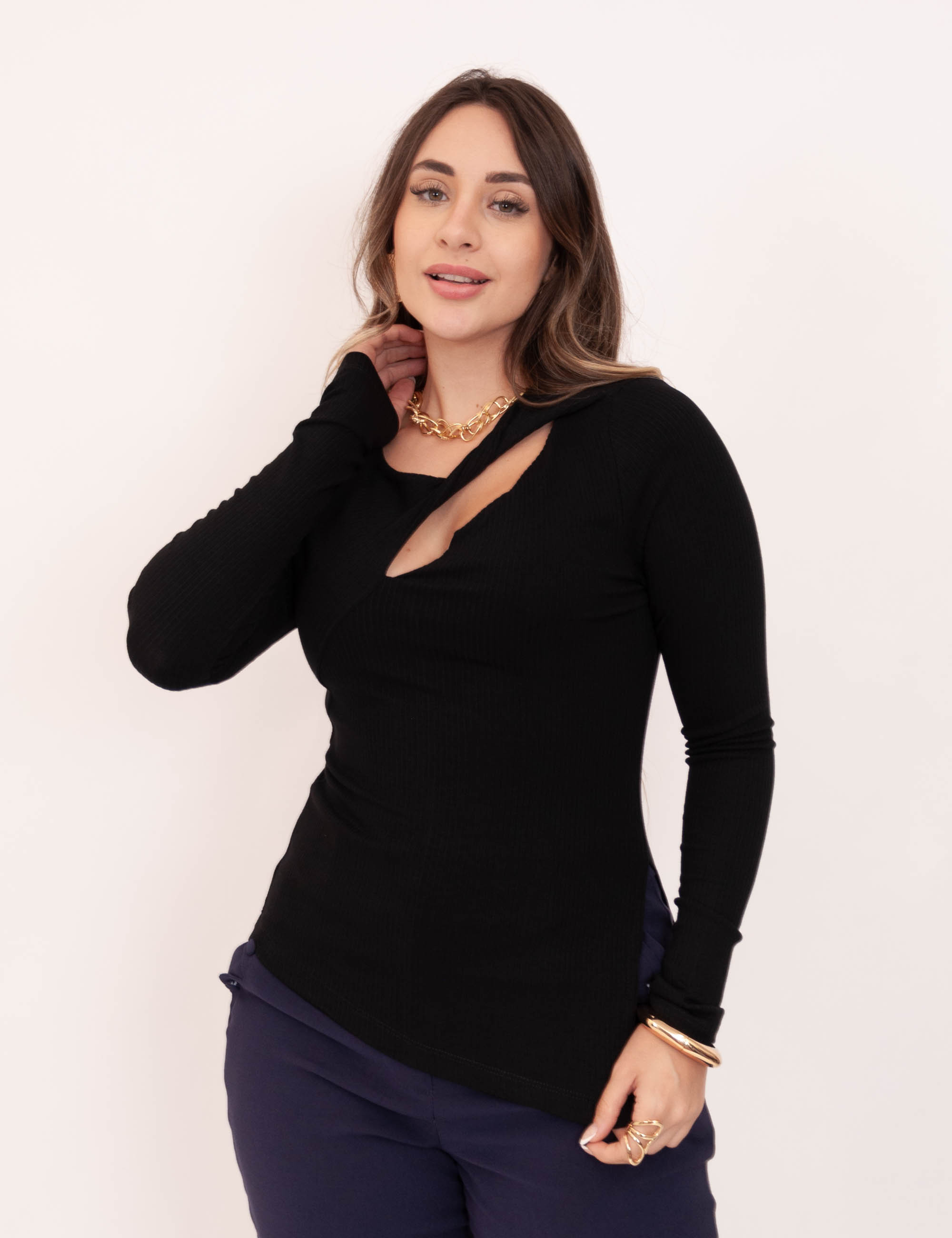 Blusa Canelada Recorte Preto