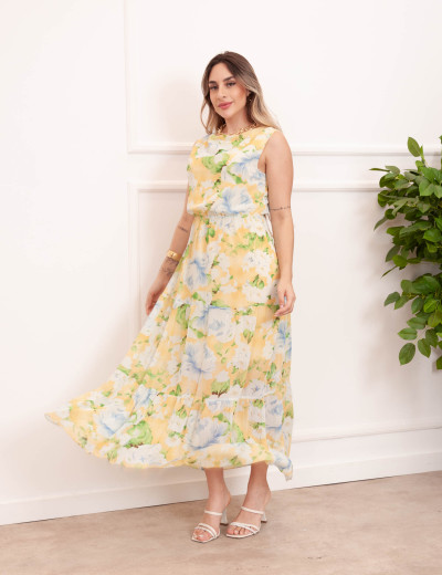Vestido Serena Tule Floral Amarelo