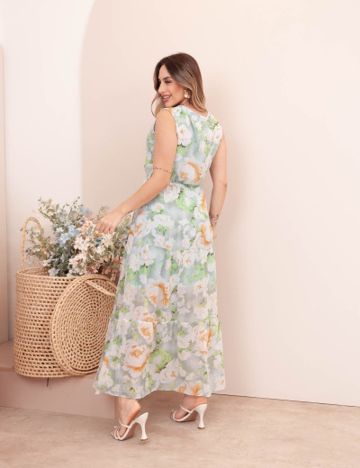Vestido Serena Tule Floral Azul