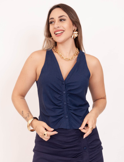 Cropped Linho Botões Marinho
