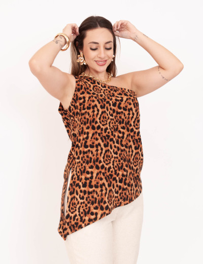 Blusa Assimétrica Animal Print Caramelo