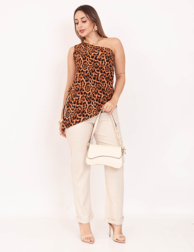 Blusa Assimétrica Animal Print Caramelo