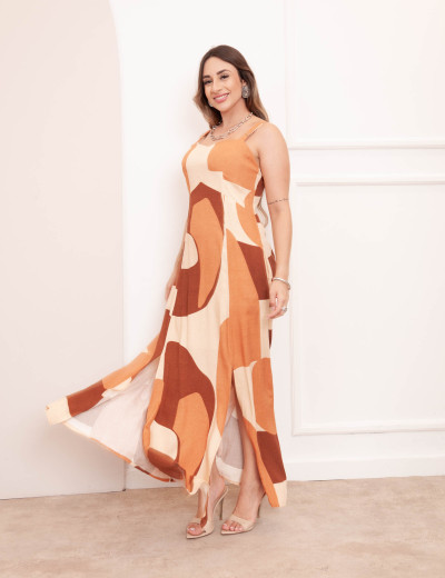 Vestido Longuete Abstrato Caramelo