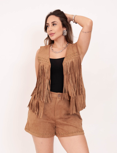Colete Suede Franja Bege
