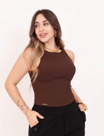  Cropped Amni Canelado Marrom
