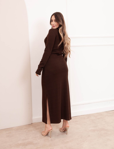 Vestido Manga Canelado Marrom