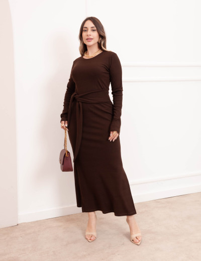 Vestido Manga Canelado Marrom