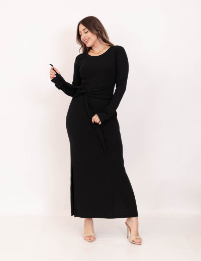 Vestido Manga Canelado Preto