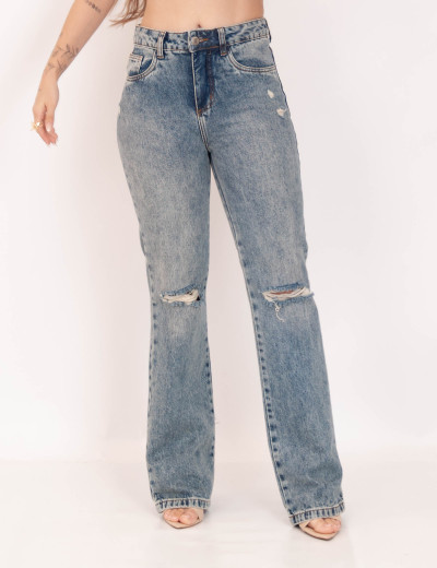 Calça Reta Destroyed Jeans Médio