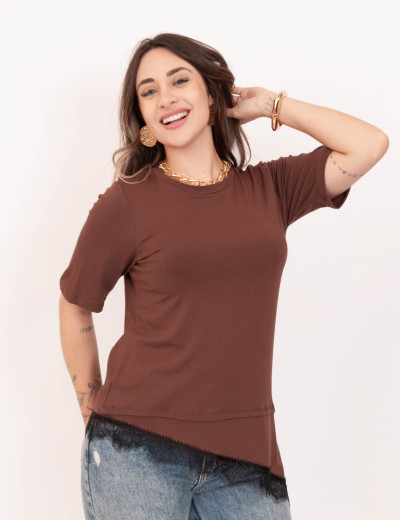 Blusa Alongada Renda Marrom