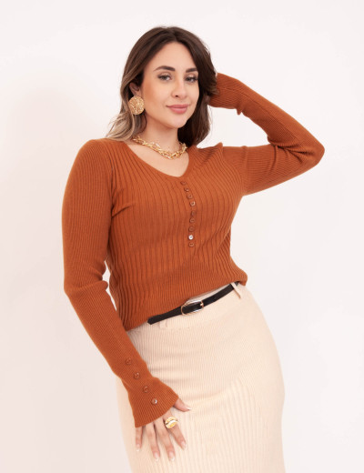 Blusa Tricot Decote Botões Marrom 