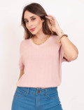 Tricot Canelado Decote V Rose