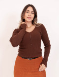 Blusa Tricot Decote Botões Caramelo