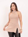Blusa Tricot Fenda Bege